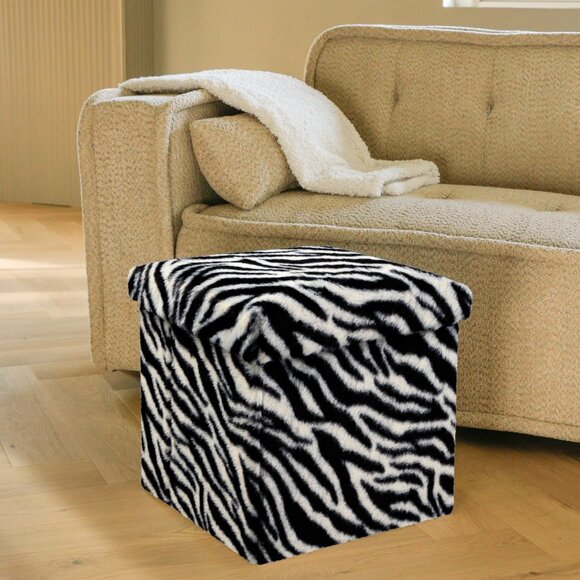 Go-Poufs Knock-Down Medium Cube Faux Fur Storage Ottoman | Zebra Black/White - Picture 6 of 7